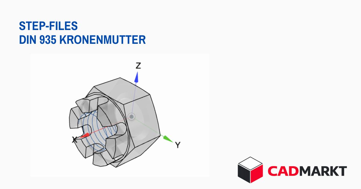 3D‑CAD‑Modell einer Kronenmutter in blauer Darstellung. (Step-Modell)