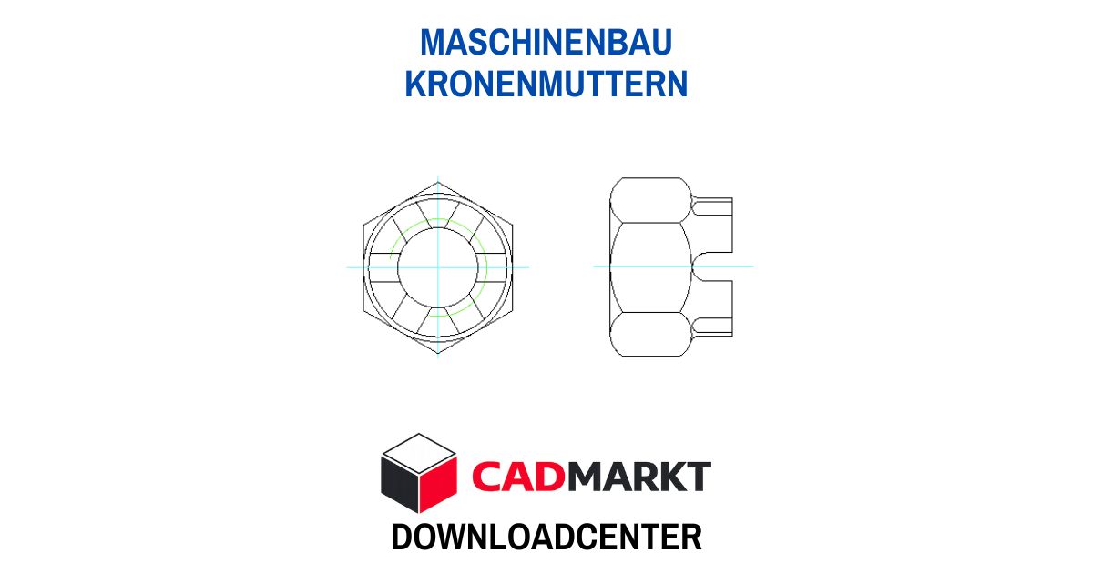 Technische Zeichnung DIN 935 Kronenmuttern in Seitenansicht + Draufsicht mit Bemaßung