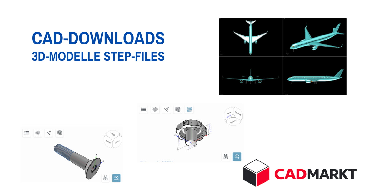 STEP-FILES STEP-FILES zum Download - kostenlos- Darstellung: 3D-Modelle Schraube, Griff und Flugzeug