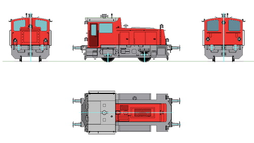 farbige Darstellung farbige Darstellung der Kleinlokomotive Köf-3 - 4 Ansichten Farben rot/grau