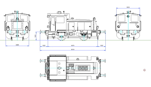 Technische Zeichnung Kleinlokomotive Köf-3 - 4 Ansichten Darstellung als technische Zeichnung mit Bemaßung