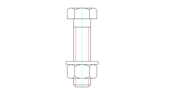 DWG-Downloads Darstellung einer Verschraubung mit Sechskantschraube + U-Scheibe + Mutter