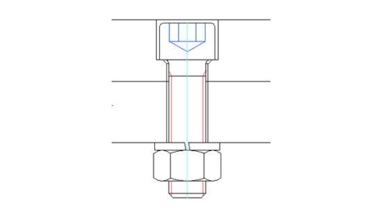 CAD-Downloads Technische Schnittdarstellung einer Verschraubung mit Zylinderkopfschraube + Federring und Mutter