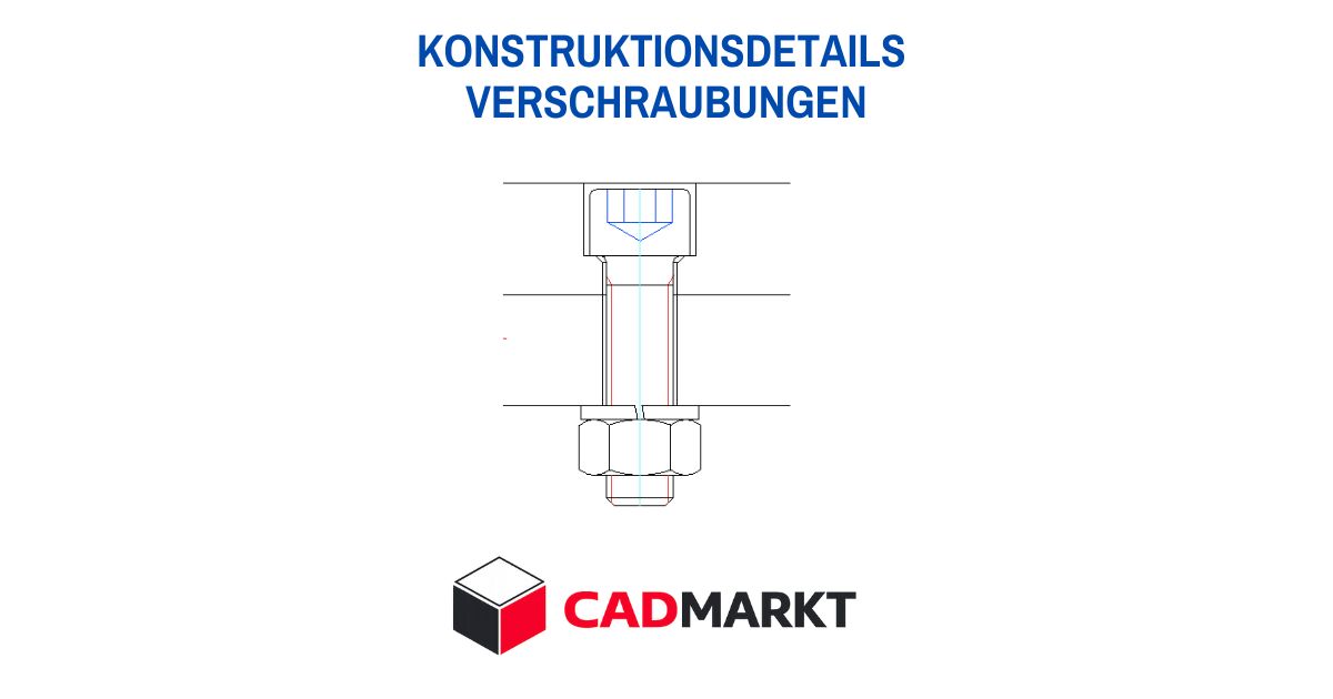 Technische Zeichnung einer Verschraubung mit Zylinderkopfschraube + Federring und Mutter