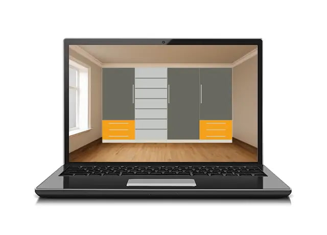 Darstellung eines Notebooks mit 3D-Modell einer Inneneinrichtung, TENADO-CAD