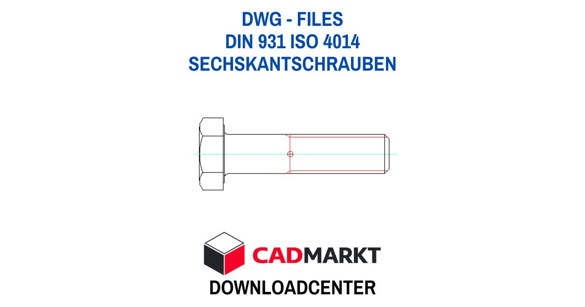 Technische Zeichnung einer Sechskantschraube nachDIN 931 ISO 4014 , Ansicht: Seitenansicht