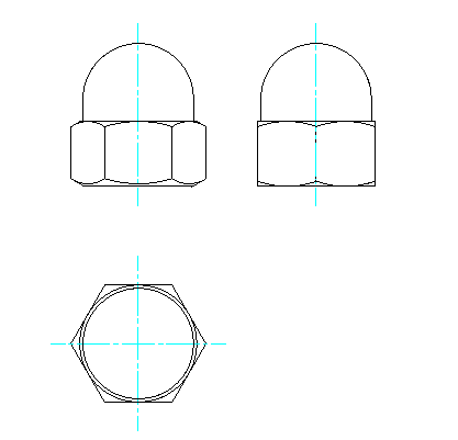 DIN 1587 Sechskant-Hutmuttern hohe Formern 2D-Block Format: DWG - 3 Ansichten