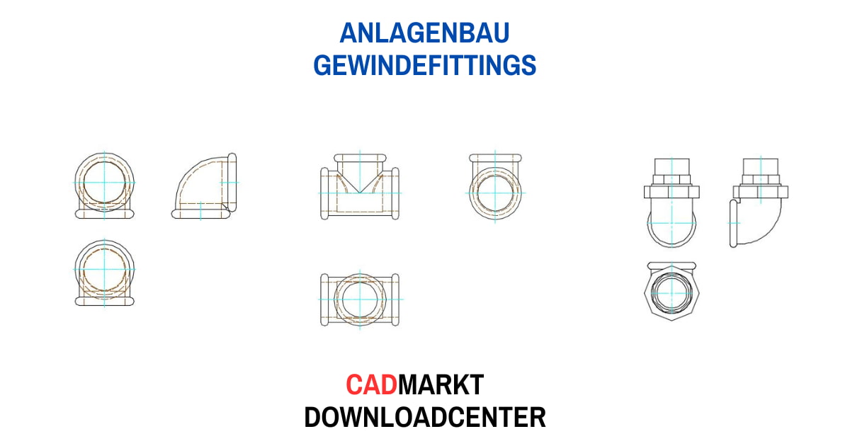 Gewindefittings, 3 Ansichten,  Winkel, T-Stück Winkelverschraubung