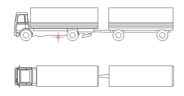 Technische Zeichnung LKW mit Hänger in Seitenansicht und Draufsicht, Format DWG