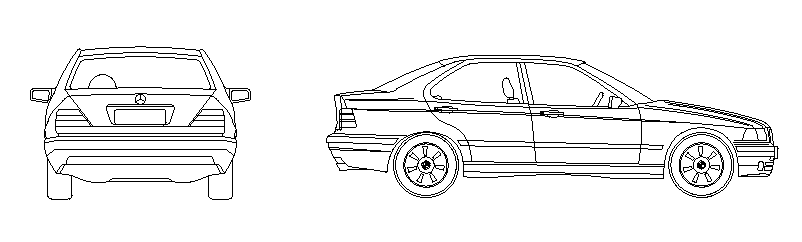 Technische Zeichnung Seitenansicht und Heckansicht eines Mercedes