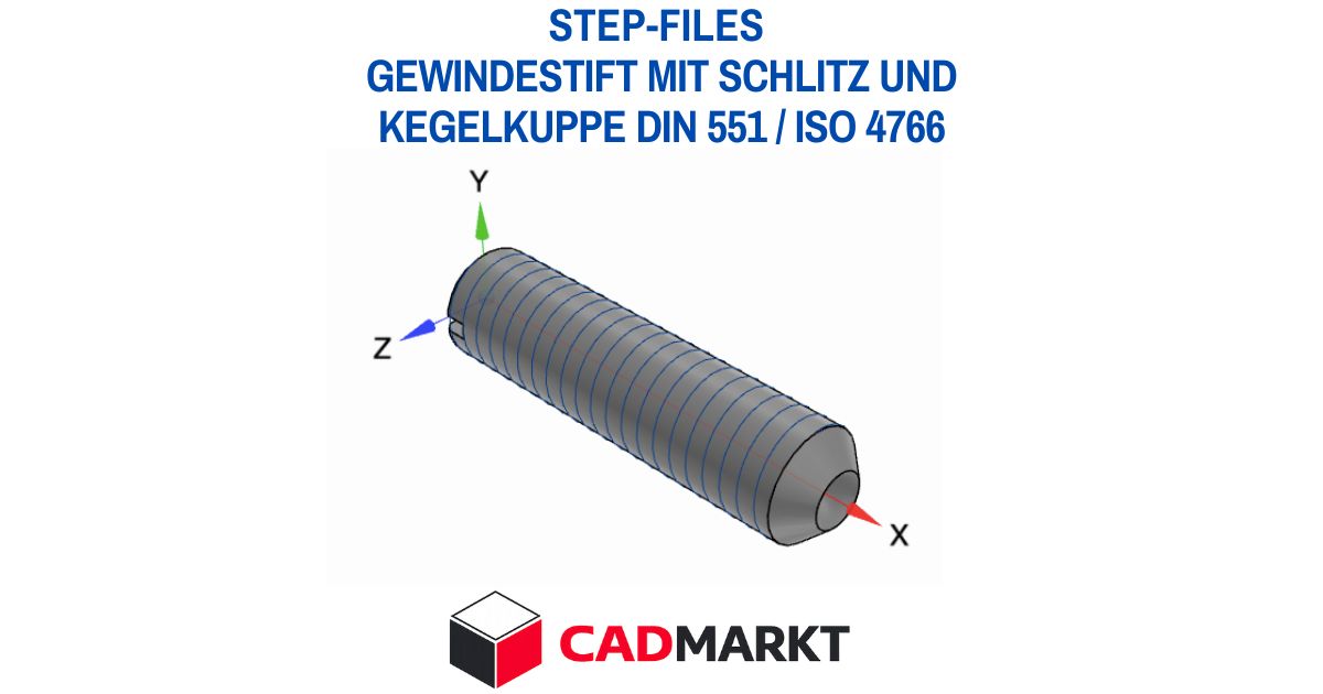 STEP-FILE Gewindestift mit Schlitz und Kegelkuppe DIN 551 / ISO 4766 3D-Modell als STEP-FILE