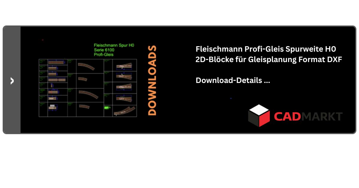 Gezeichnete Gleissymbole mit Bezeichnungen, Fleischmann Profigleis Spur H0 Text: Fleischmann H0, Format DXF,Schwarzer Hintergrund von CAD-Programm