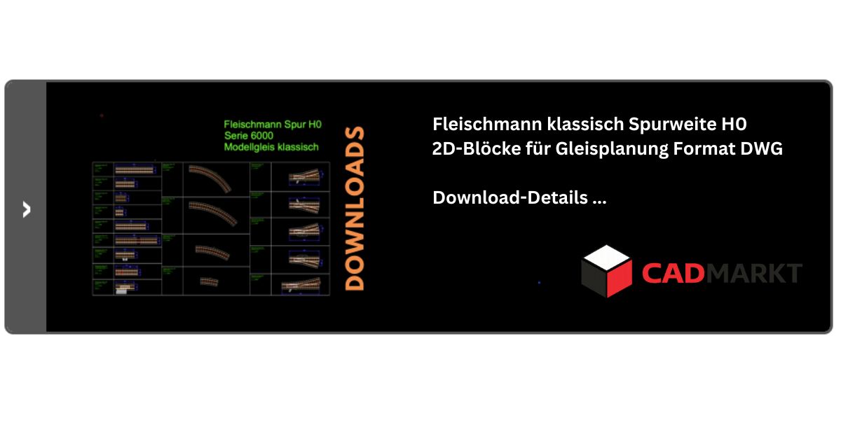 Schwarzer Hintergrund von CAD-Programm, gezeichnete Gleissymbole mit Bezeichnungen, Fleischmann klassisch Spur H0 Text: Fleischmann H0, Format DWG