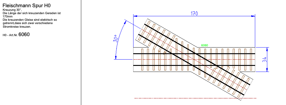 Gleisplanung Fleischmann klassisch, Kreuzung 30° Art.-Nr. 6060, Format DWG (AutoCAD)