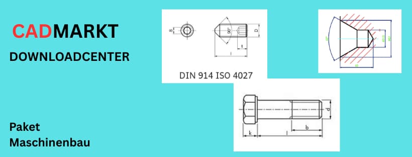 Hinetrgrund Cyan, Text: Paket Maschinenbau, Bilder: Stift, Schraube und Zentrierbohrung Schnittdarstellung