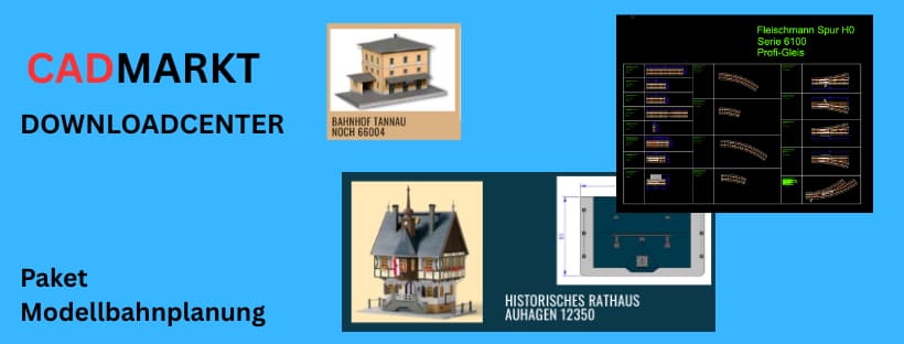 Modellbahnplan DWG-FiLES Bilder auf hellblauen Hintergrund, Text: Paket Modellbahnplanung, Bilder von Modellbahn Bahnhof, altes Rathaus, schwarzes Bild von Gleissymbolen
